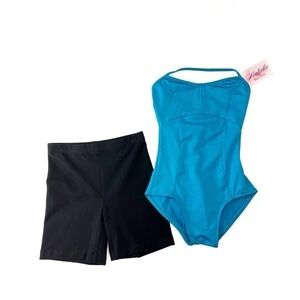 Natalie Dance Wear Halter Leotard Blue Petite + Sansha Shorts Black XS New NWT